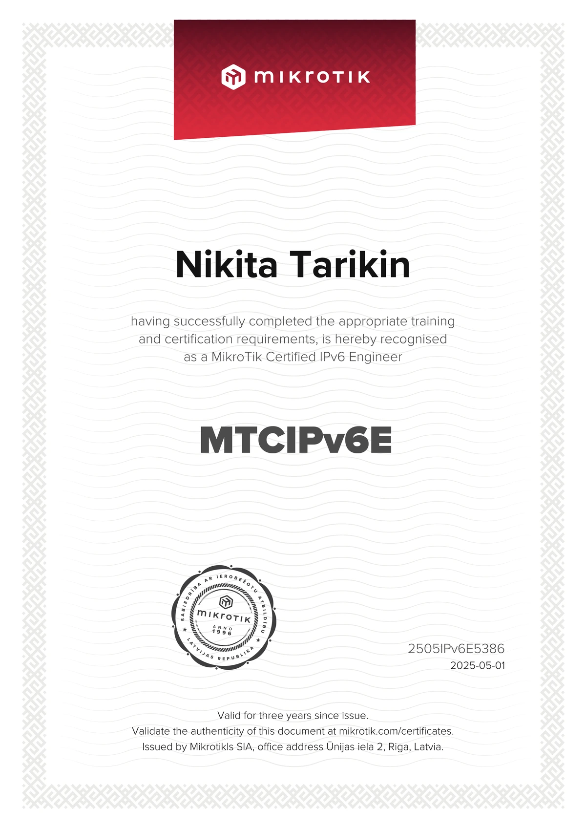 MikroTik Certified IPv6 Engineer certificate — 92%, issued 2025-05-01