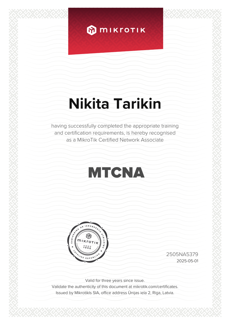 MikroTik Certified Network Associate (MTCNA) certificate issued to Nikita Tarikin — scored 100%.