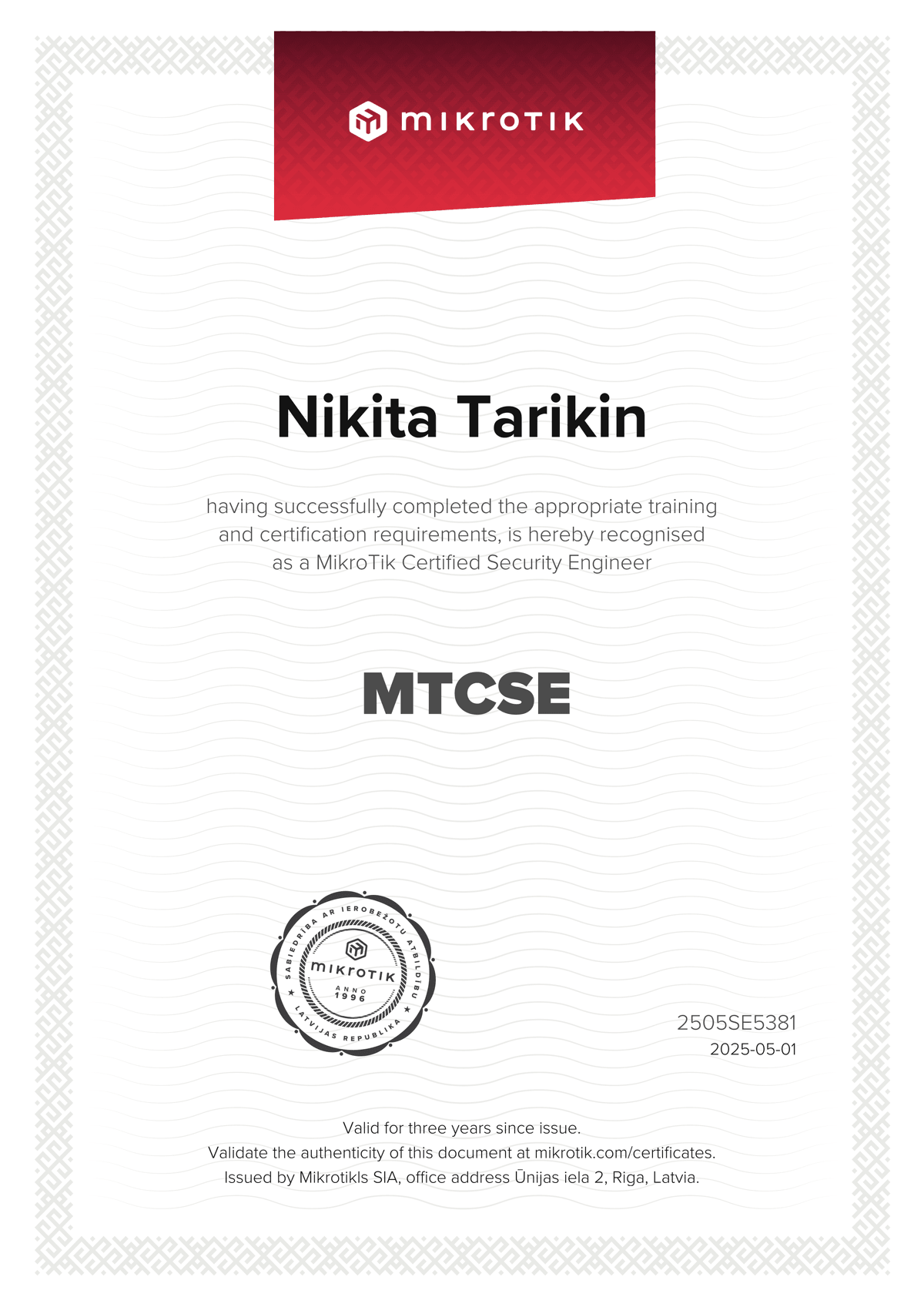 MikroTik Certified Security Engineer certificate — 98%, issued 2025-05-01