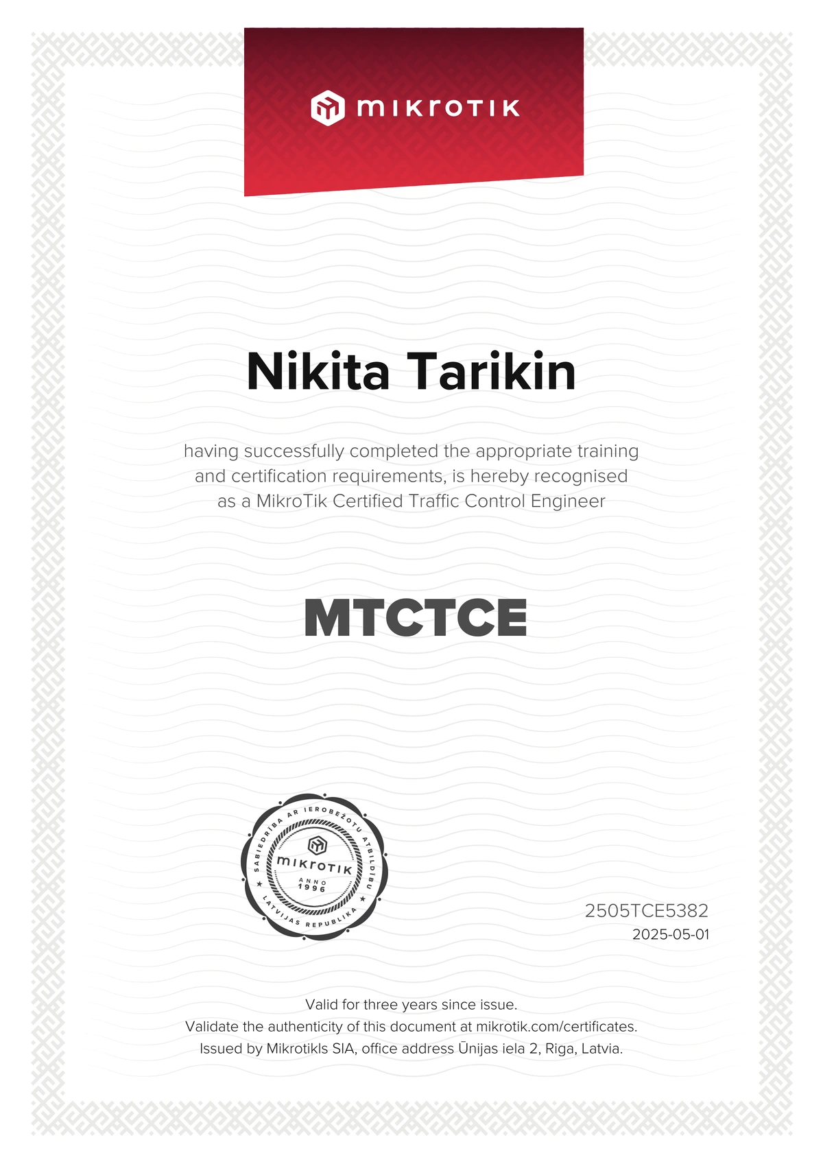 MikroTik Certified Traffic Control Engineer certificate — 86%, issued 2025-05-01