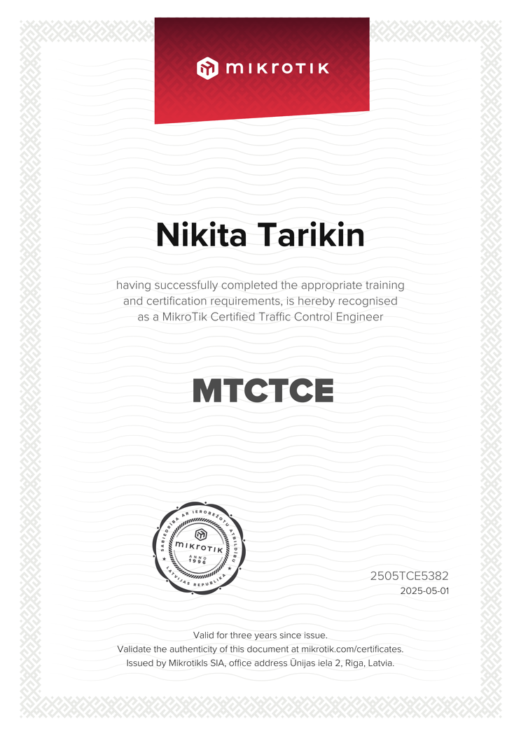 MikroTik Certified Traffic Control Engineer (MTCTCE) certificate issued to Nikita Tarikin — scored 86%.