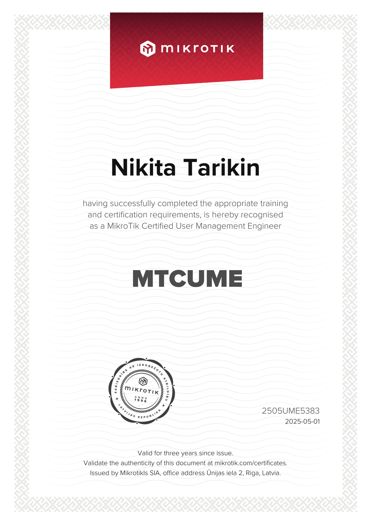 MikroTik Certified User Management Engineer certificate — 94%, issued 2025-05-01