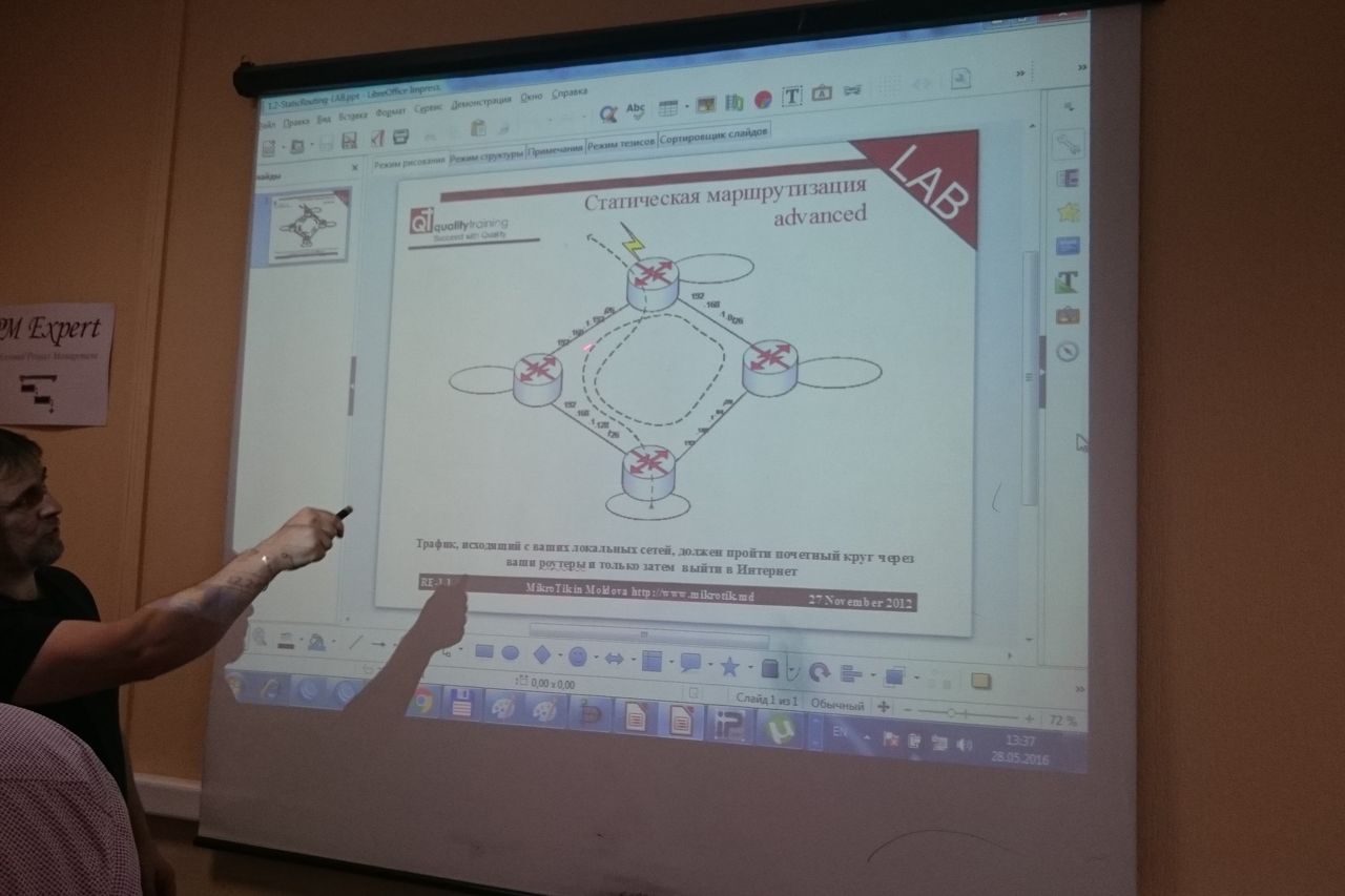 A 2016 advanced-routing training lab in progress — the canonical multi-router topology on the projector.
